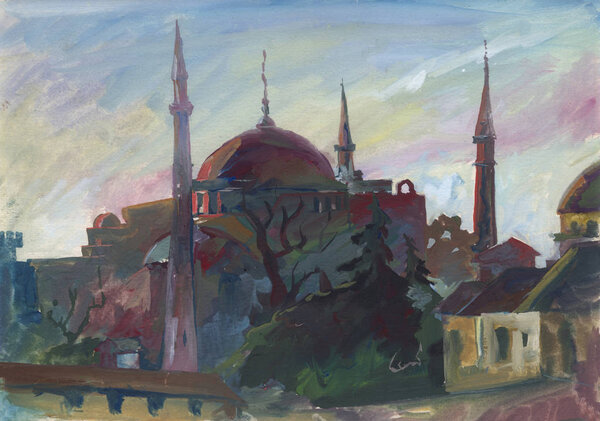 Мечеть в центре Стамбула. Этюд (эскиз) выполнен на открытом воздухе. Пейзаж из гуашь
.
