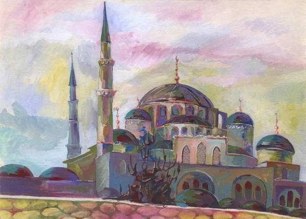 Mosque in the center of Istanbul. Etude (sketch) performed in the open air. Landscape made in gouache.