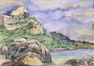 Ilyas Kaya dağ. Kırım'da, Laspi, Karadeniz. Guaj, suluboya yapılan manzara. Açık havada yapılan Etüt (kroki).