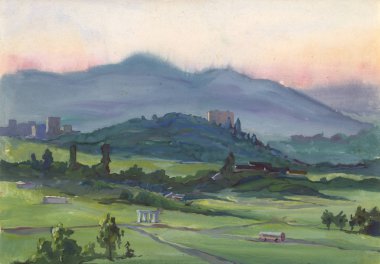 Doğa sabah Sofia eteklerinde. Etüt (kroki) açık havada gerçekleştirilen. Guaj içinde yapılan peyzaj.