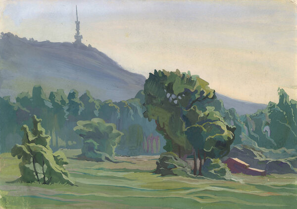 Nature on the outskirts of Sofia in the morning.  Etude (sketch) performed in the open air. Landscape made in gouache.