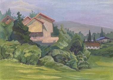 Doğa sabah Sofia eteklerinde. Etüt (kroki) açık havada gerçekleştirilen. Guaj içinde yapılan peyzaj.