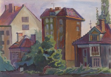 Manzara kağıt üzerinde su boya ile boyanmış. Etüt (kroki) açık havada gerçekleştirilen. Bulgaristan, Sofya, şehrin sokaklarında.