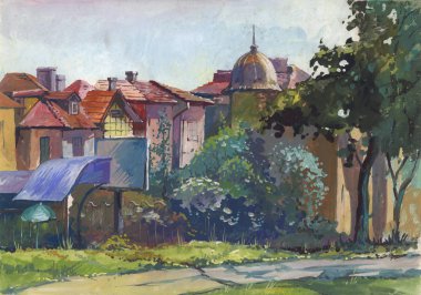 Manzara kağıt üzerinde su boya ile boyanmış. Etüt (kroki) açık havada gerçekleştirilen. Bulgaristan, Sofya, şehrin sokaklarında.