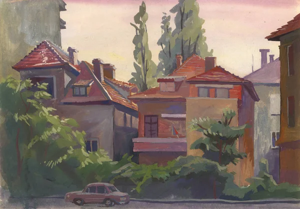 Landscape painted with water paint on paper. Etude (sketch) performed in the open air. Bulgaria, Sofia, city streets.