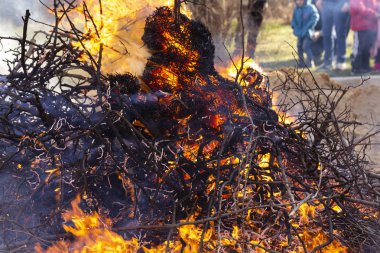 Yanan ateş. Yanan ağaç dalları. Pagan ayin baharın gelişini adanmış. Shrovetide büyük ateşin ortasına. 