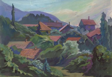 Peyzaj kağıt üzerinde su boya ile boyanmış. Etude (çizim) açık havada gerçekleştirilir. Guaj. Avrupa, Bulgaristan, Semenovo Köyü.