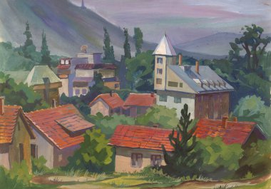 Peyzaj kağıt üzerinde su boya ile boyanmış. Etude (çizim) açık havada gerçekleştirilir. Guaj. Avrupa, Bulgaristan, Semenovo Köyü.