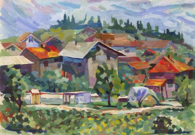 Peyzaj kağıt üzerinde su boya ile boyanmış. Etude (çizim) açık havada gerçekleştirilir. Guaj. Avrupa, Bulgaristan, Semenovo Köyü.