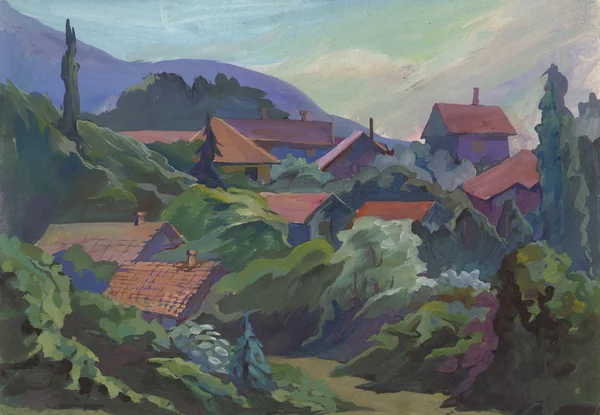 Peyzaj kağıt üzerinde su boya ile boyanmış. Etude (çizim) açık havada gerçekleştirilir. Guaj. Avrupa, Bulgaristan, Semenovo Köyü.