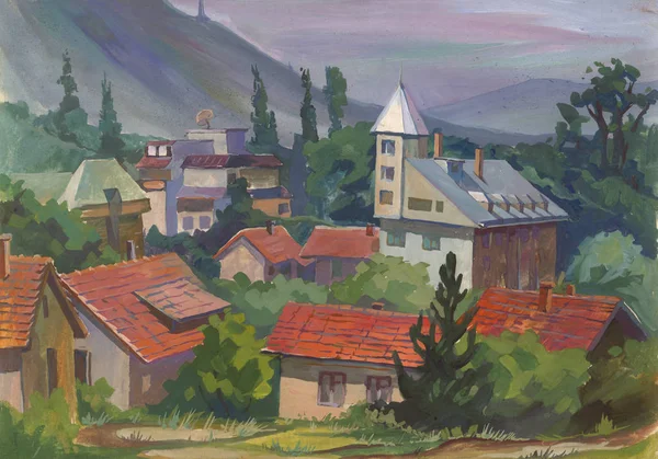 Peyzaj kağıt üzerinde su boya ile boyanmış. Etude (çizim) açık havada gerçekleştirilir. Guaj. Avrupa, Bulgaristan, Semenovo Köyü.