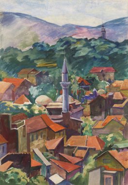 Peyzaj kağıt üzerinde su boya ile boyanmış. Etude (çizim) açık havada gerçekleştirilir. Guaj. Avrupa, Bulgaristan, Plovdiv.