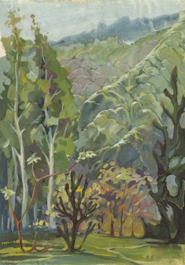 Peyzaj kağıt üzerinde su boya ile boyanmış. Etude (çizim) açık havada gerçekleştirilir. Gök fırtınası sırasında Balkan Dağları 'nda orman.