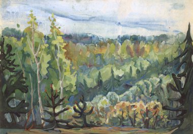 Peyzaj kağıt üzerinde su boya ile boyanmış. Etude (çizim) açık havada gerçekleştirilir. Gök fırtınası sırasında Balkan Dağları 'nda orman.