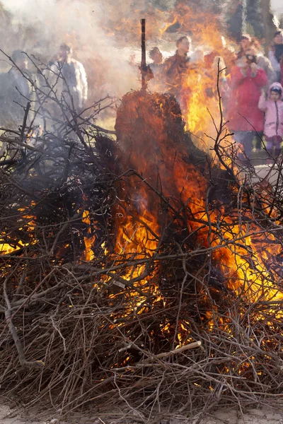 Yanan ateş. Yanan ağaç dalları. Pagan ayin baharın gelişini adanmış. Shrovetide büyük ateşin ortasına. 
