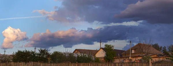 Landscape Sunset Tragic Gloomy Sky Village Budjak Steppe Spring Terrain — Stock Photo, Image