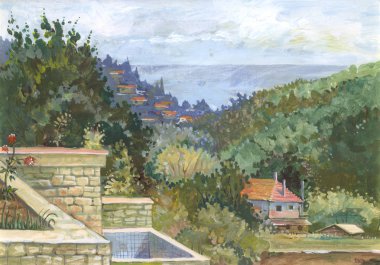 Kağıt üzerine su boyasıyla boyanmış manzara. Gouache. Etude (skeç) açık havada sahnelendi. Bulgaristan, Balchik.