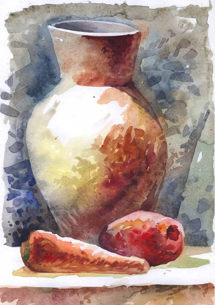 Still life painted with watercolor. The etude (sketch) is made on from life. Vase, apple, carrot.