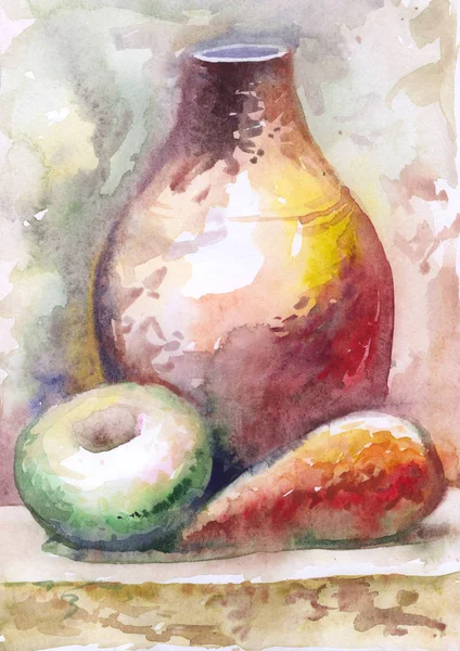 Still life painted with watercolor. The etude (sketch) is made on from life. Vase, apple, carrot.
