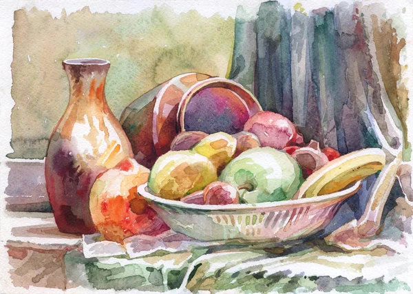 Still Life Painted Watercolor Etude Sketch Made Life Household Utensils — Stock Photo, Image