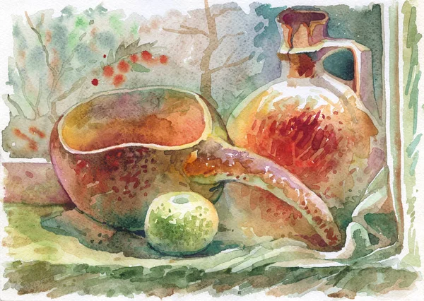 Still Life Painted Watercolor Etude Sketch Made Life Household Utensils — Stock Photo, Image