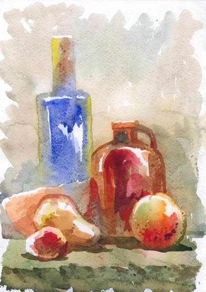 Still Life Painted Watercolor Etude Sketch Made Life Household Utensils Royalty Free Stock Images