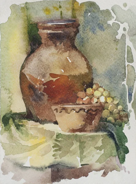 Still life painted with watercolor. The etude (sketch) is made on from life. Household utensils and fruits.