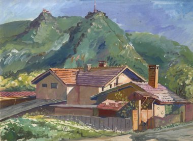 Kağıt üzerine su boyasıyla boyanmış manzara. Sabah Sofya 'nın kenar mahallelerindeki doğa. Açık havada Etude (skeç) icra edildi.