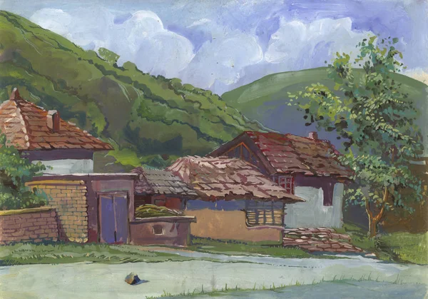 Landscape painted with water paint on paper. Etude (sketch) performed in the open air. Place in Northern Bulgaria, the village of Krepcha.