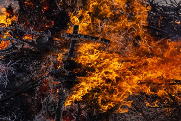 Flaming fire. Burning tree branches. Pagan rite dedicated to the arrival of spring. Big bonfire on Shrovetide. Auto-da-fe, ritual of public punishment, burning at the stake.