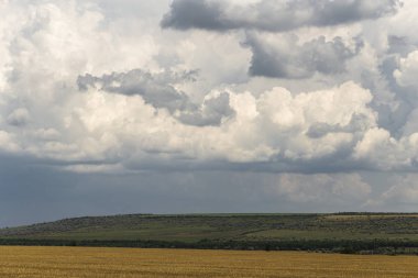Yağmurdan önce buğday tarlaları. Mavi gökyüzünde kümülatif bulut su manzarası. Güney Avrupa'daki arazi. Dünya gezegenindeki fantastik gökyüzü. Güneş gizlidir. Panorama.