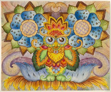 Simetrik soyutlama kompozisyonu. Suluboya çizimi. Fantastik bir görüntünün maskesi. Uzaylı bir yaratığın portresi.