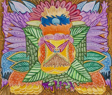 Simetrik soyutlama kompozisyonu. Suluboya çizimi. Fantastik bir görüntünün maskesi. Uzaylı bir yaratığın portresi.