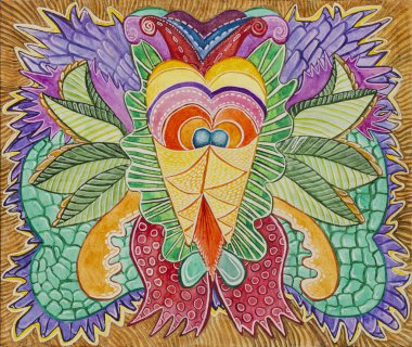 Simetrik soyutlama kompozisyonu. Suluboya çizimi. Fantastik bir görüntünün maskesi. Uzaylı bir yaratığın portresi.