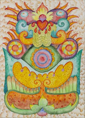 Simetrik soyutlama kompozisyonu. Suluboya çizimi. Fantastik bir görüntünün maskesi. Uzaylı bir yaratığın portresi.