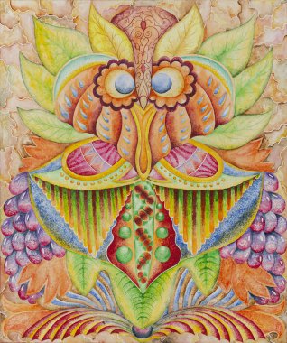 Simetrik soyutlama kompozisyonu. Suluboya çizimi. Fantastik bir görüntünün maskesi. Uzaylı bir yaratığın portresi.