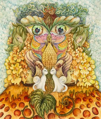 Simetrik soyutlama kompozisyonu. Suluboya çizimi. Fantastik bir görüntünün maskesi. Uzaylı bir yaratığın portresi.