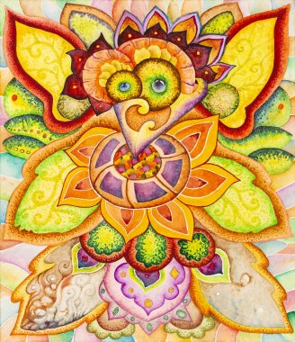 Simetrik soyutlama kompozisyonu. Suluboya çizimi. Fantastik bir görüntünün maskesi. Uzaylı bir yaratığın portresi.