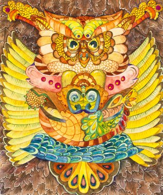 Simetrik soyutlama kompozisyonu. Suluboya çizimi. Fantastik bir görüntünün maskesi. Uzaylı bir yaratığın portresi.