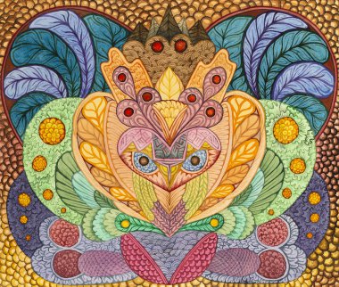 Simetrik soyutlama kompozisyonu. Suluboya çizimi. Fantastik bir görüntünün maskesi. Uzaylı bir yaratığın portresi.