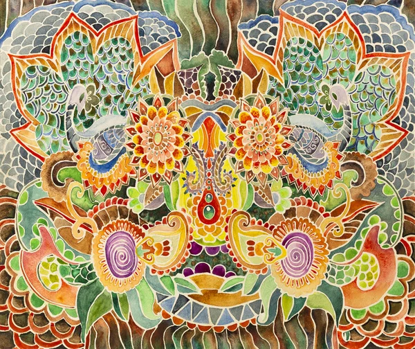 Simetrik soyutlama kompozisyonu. Suluboya çizimi. Fantastik bir görüntünün maskesi. Uzaylı bir yaratığın portresi.