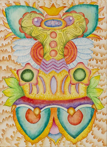 Simetrik soyutlama kompozisyonu. Suluboya çizimi. Fantastik bir görüntünün maskesi. Uzaylı bir yaratığın portresi.