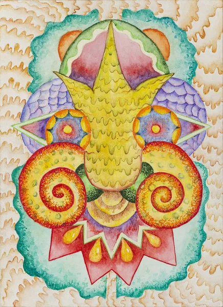 Simetrik soyutlama kompozisyonu. Suluboya çizimi. Fantastik bir görüntünün maskesi. Uzaylı bir yaratığın portresi.