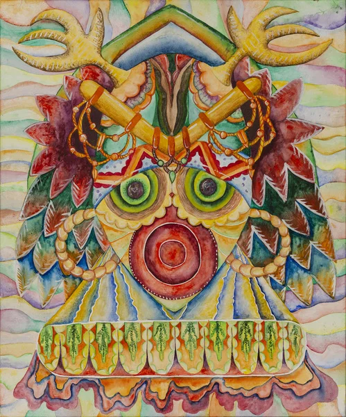 Simetrik soyutlama kompozisyonu. Suluboya çizimi. Fantastik bir görüntünün maskesi. Uzaylı bir yaratığın portresi.