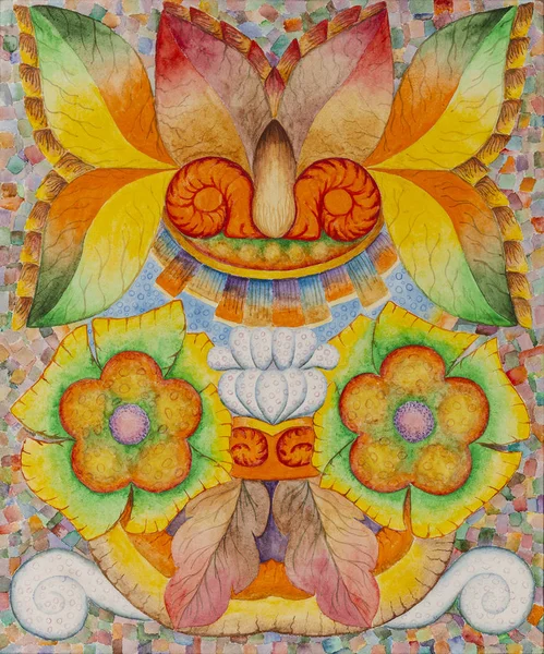 Simetrik soyutlama kompozisyonu. Suluboya çizimi. Fantastik bir görüntünün maskesi. Uzaylı bir yaratığın portresi.