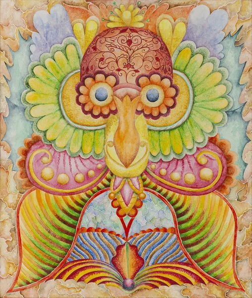 Simetrik soyutlama kompozisyonu. Suluboya çizimi. Fantastik bir görüntünün maskesi. Uzaylı bir yaratığın portresi.