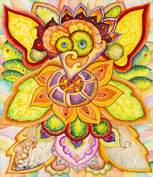 Simetrik soyutlama kompozisyonu. Suluboya çizimi. Fantastik bir görüntünün maskesi. Uzaylı bir yaratığın portresi.