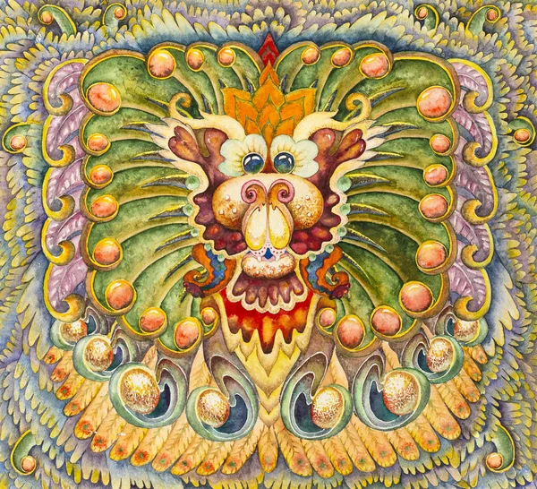 Simetrik soyutlama kompozisyonu. Suluboya çizimi. Fantastik bir görüntünün maskesi. Uzaylı bir yaratığın portresi.