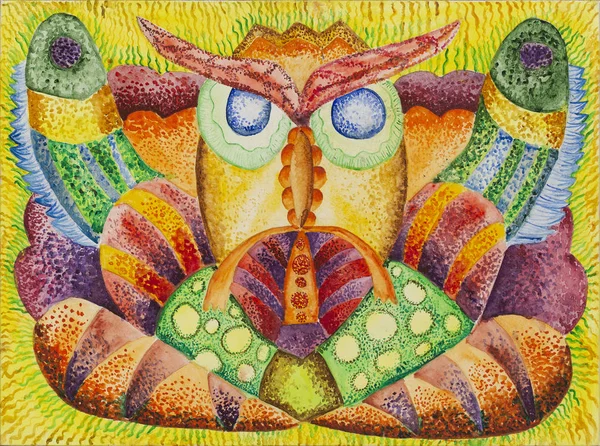 Simetrik soyutlama kompozisyonu. Suluboya çizimi. Fantastik bir görüntünün maskesi. Uzaylı bir yaratığın portresi.