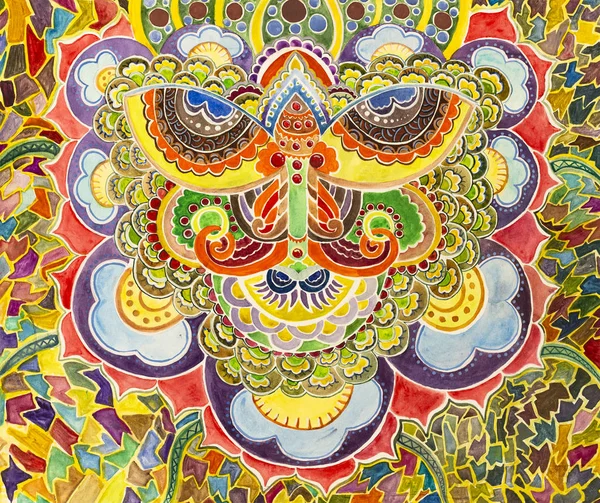 Simetrik soyutlama kompozisyonu. Suluboya çizimi. Fantastik bir görüntünün maskesi. Uzaylı bir yaratığın portresi.